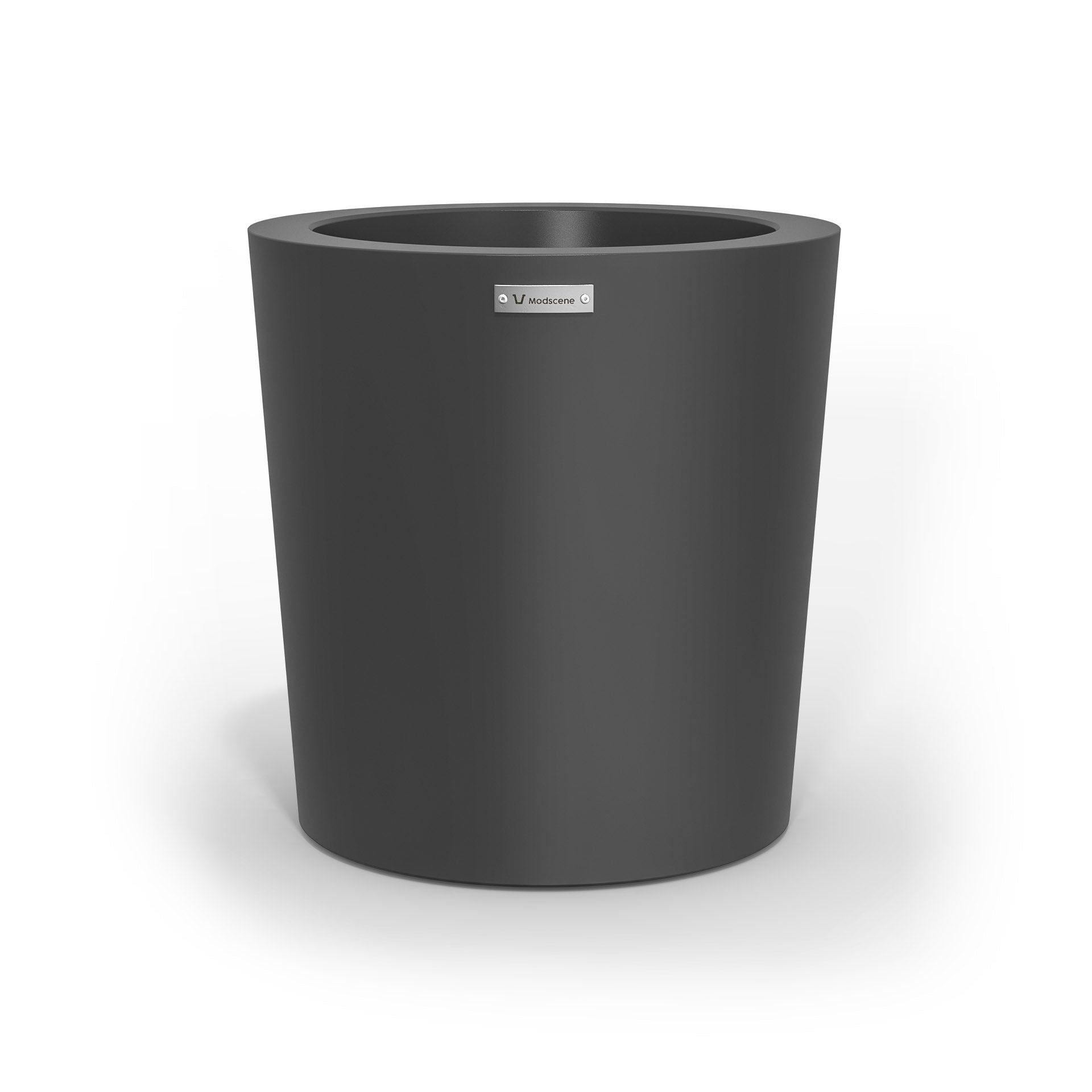 A modern designer planter pot in a dark grey colour.