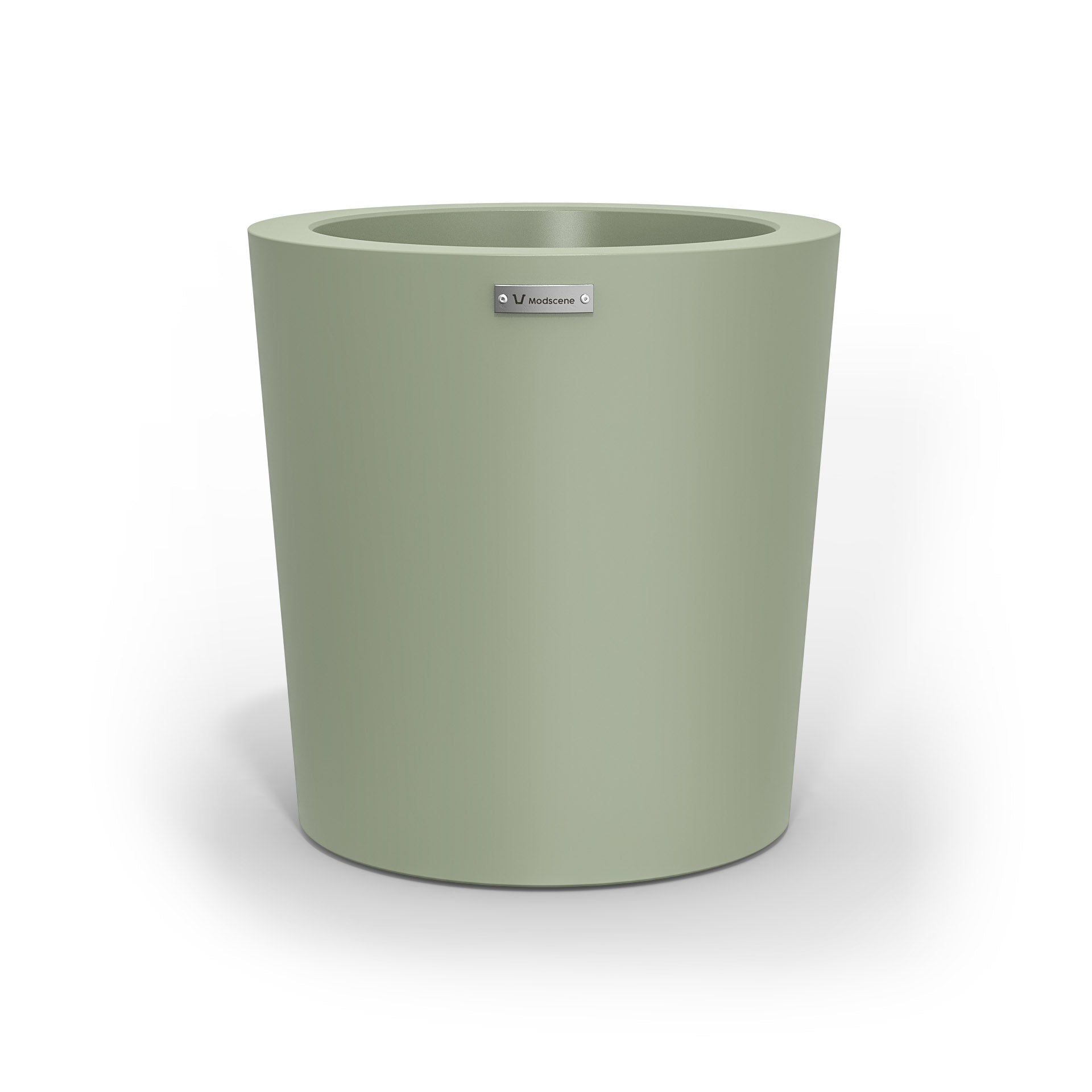A modern designer planter pot in a moss green colour.