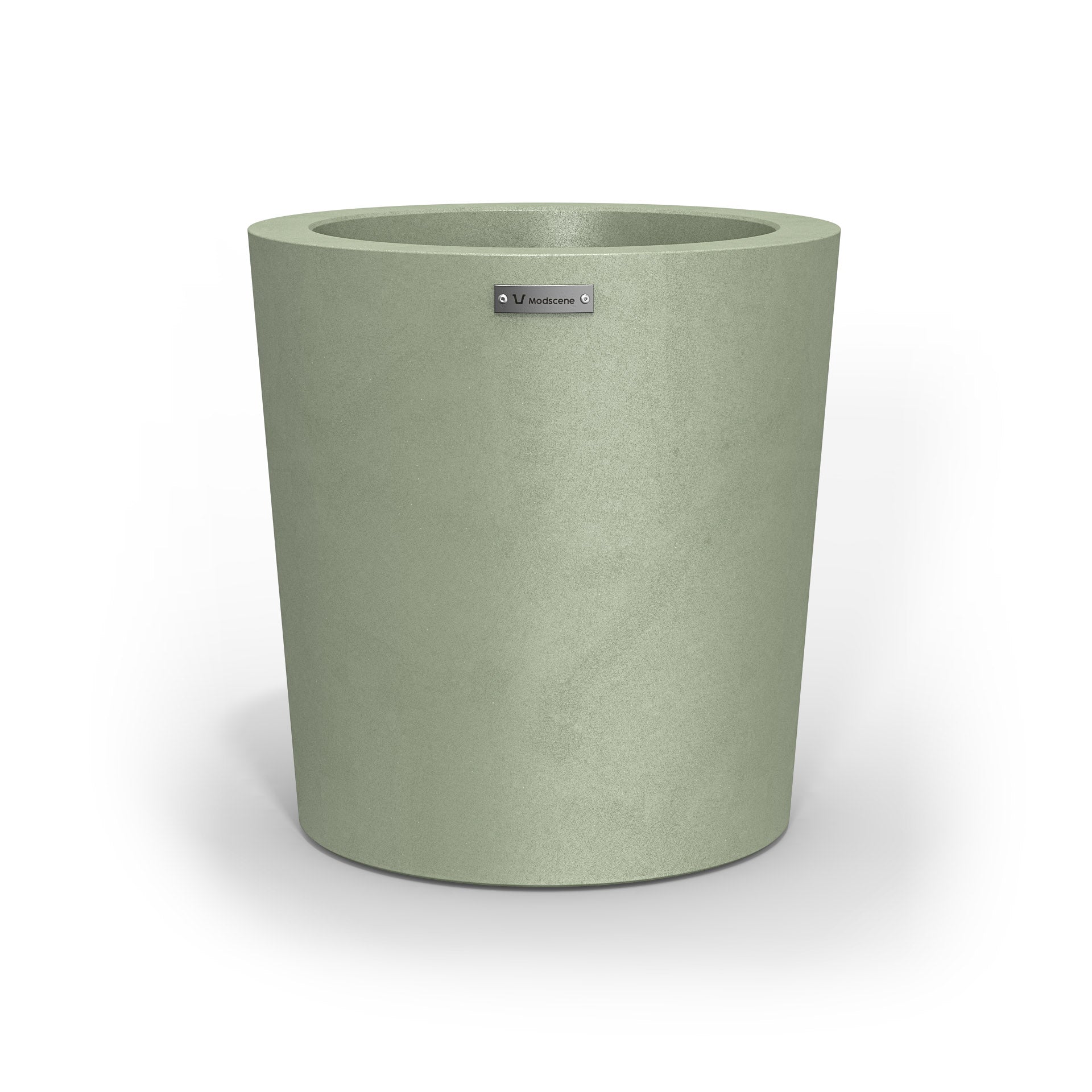 A modern designer planter pot in a sage green colour.