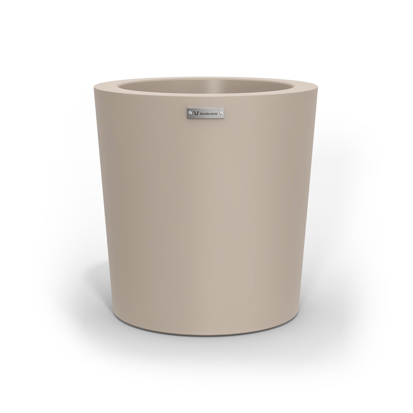 A modern designer planter pot in a sandstone colour.