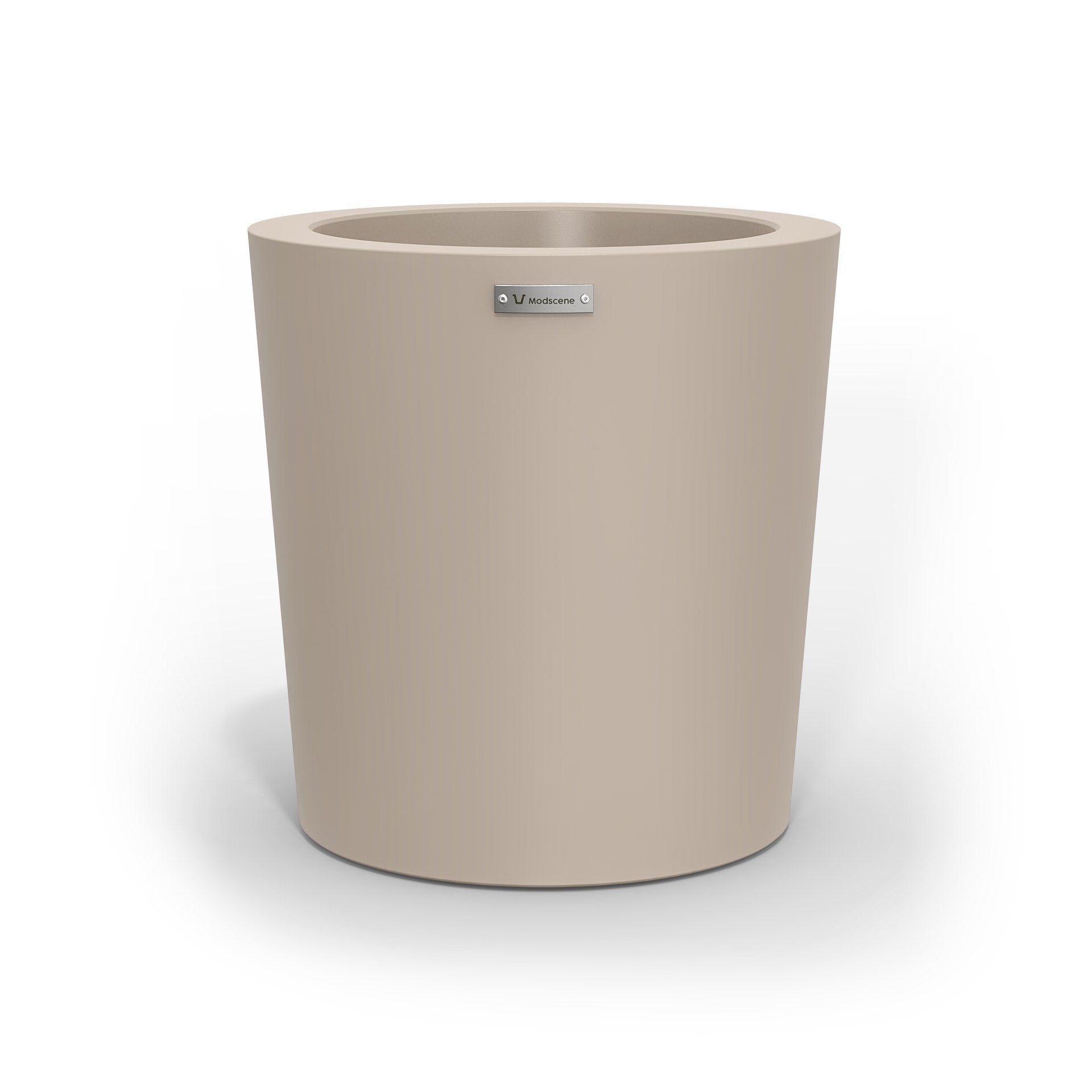 A modern designer planter pot in a sandstone colour.
