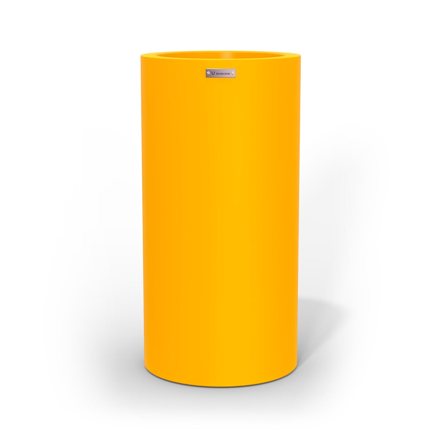 A tall cigar cylinder planter pot in yellow made by Modscene. Australian planters.