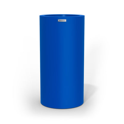 A tall cigar cylinder planter pot in a deep blue colour made by Modscene. Australian planters.