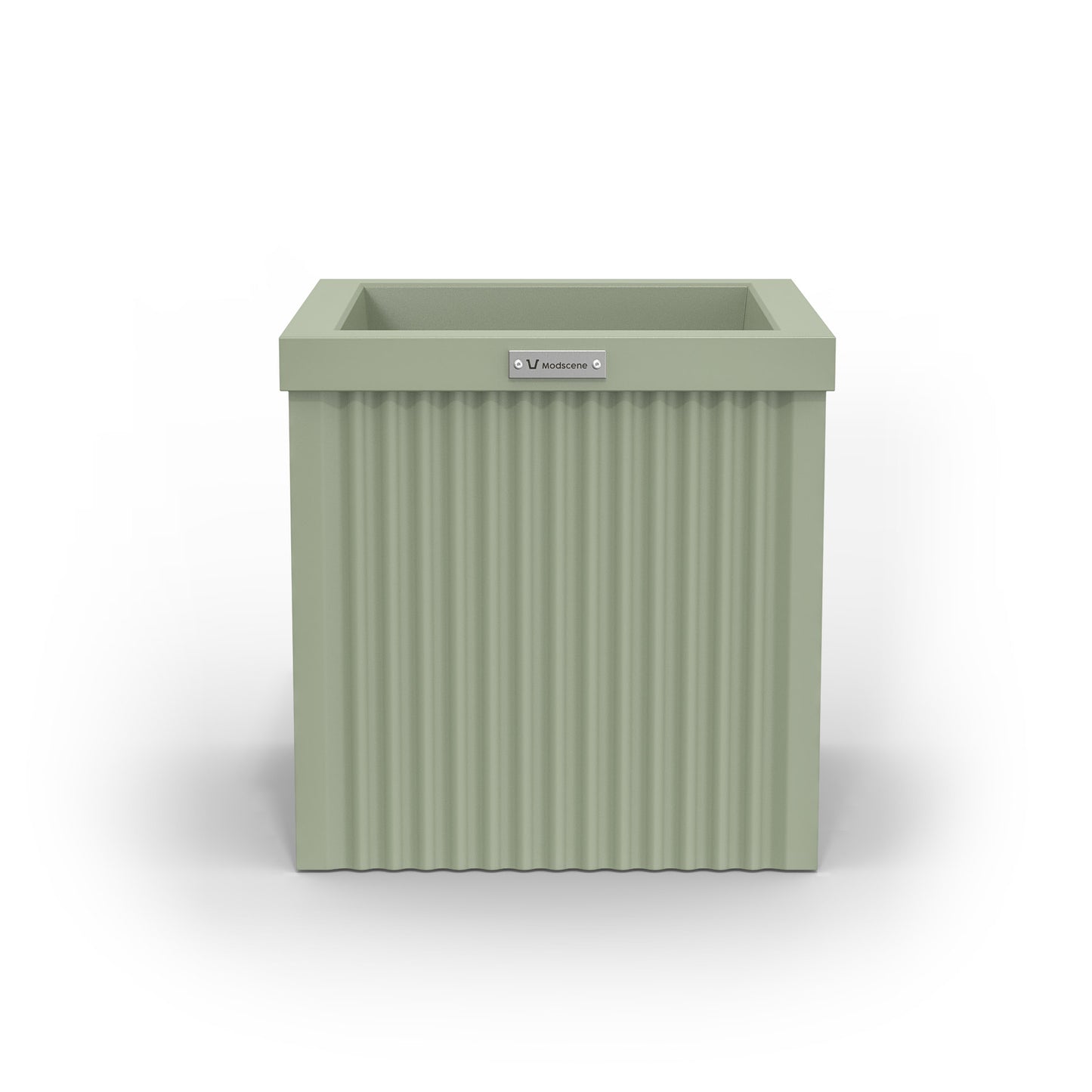 A square Modscene planter pot in a pastel green colour.