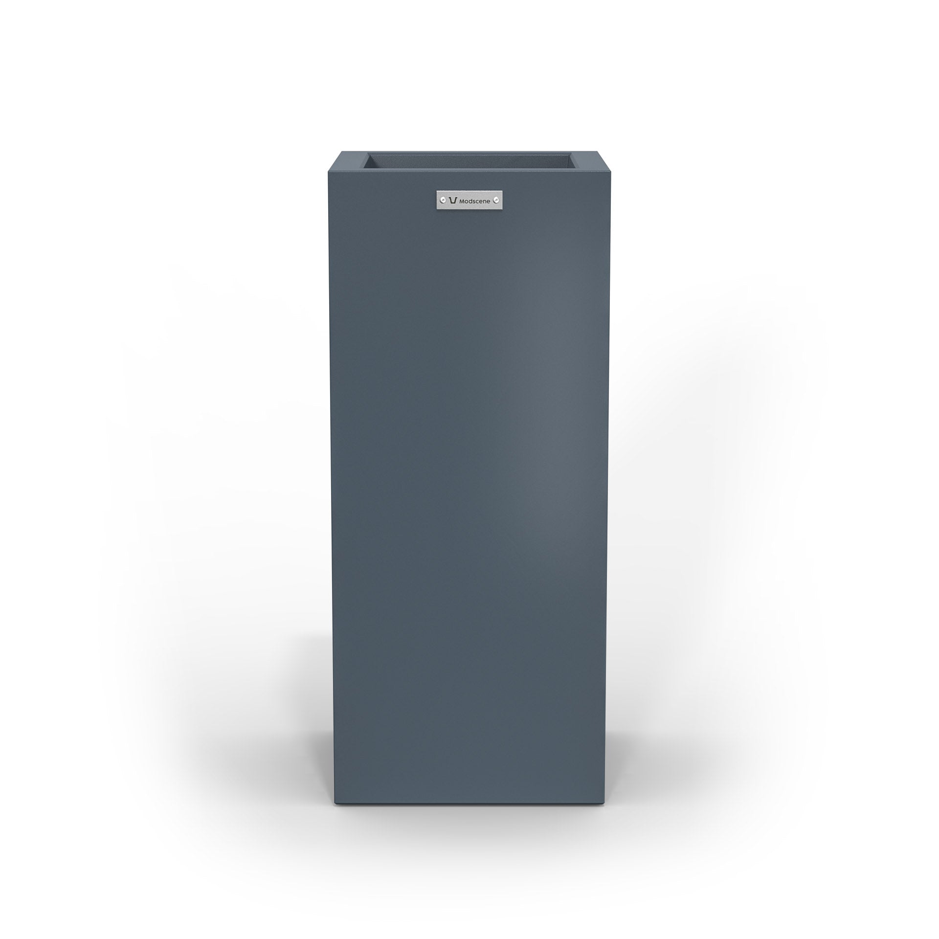 A tall cube planter pot in a storm blue colour made by Modscene.