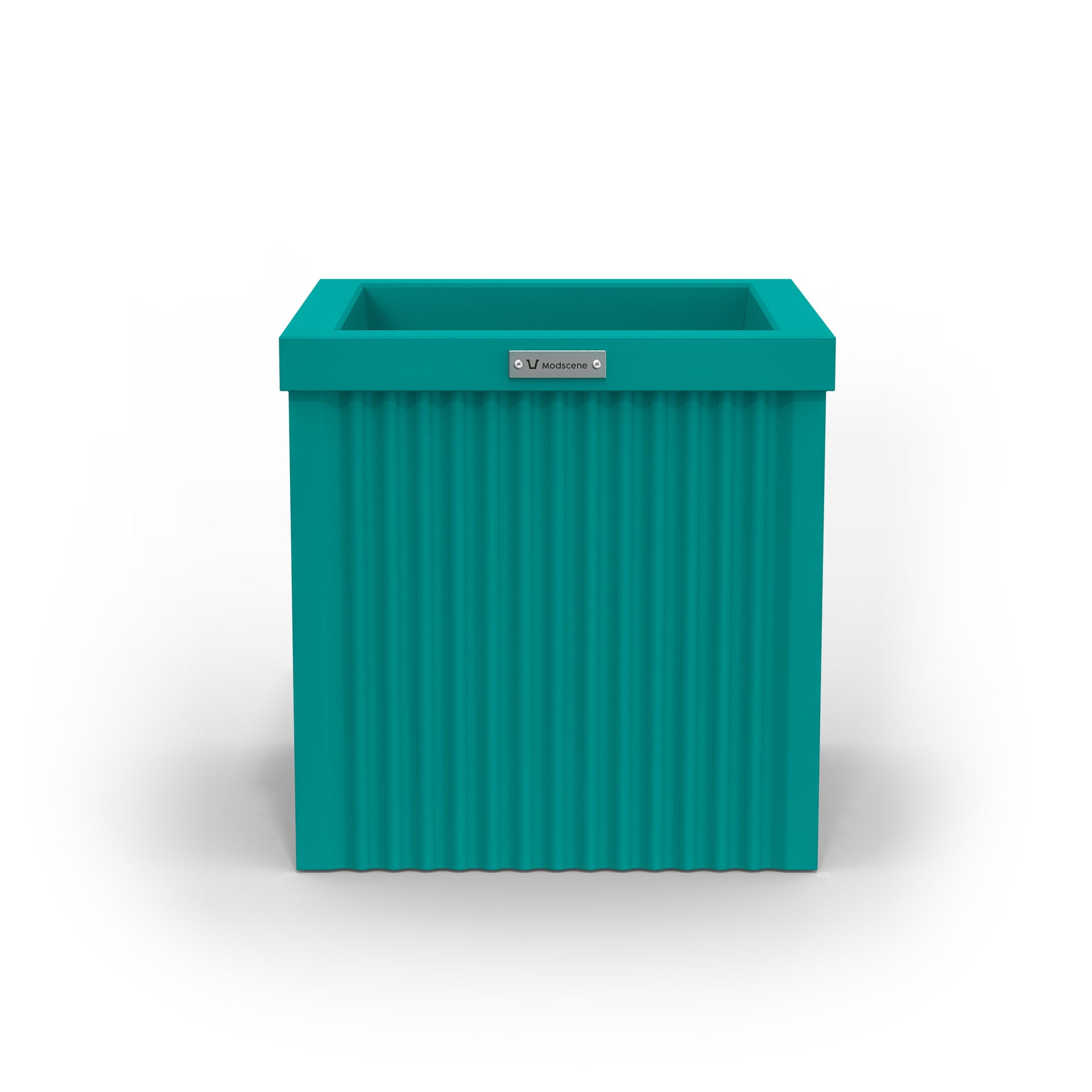 A small cube shaped planter pot in a teal blue colour made by Modscene.
