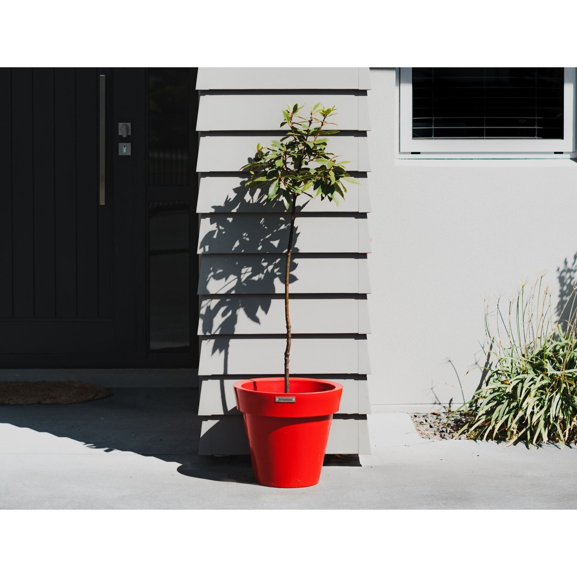A small Modscene planter in red in front of a house entrance pillar.