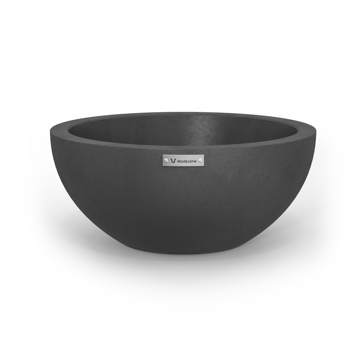 A dark grey planter bowl with a concrete look finish. Modscene planters.