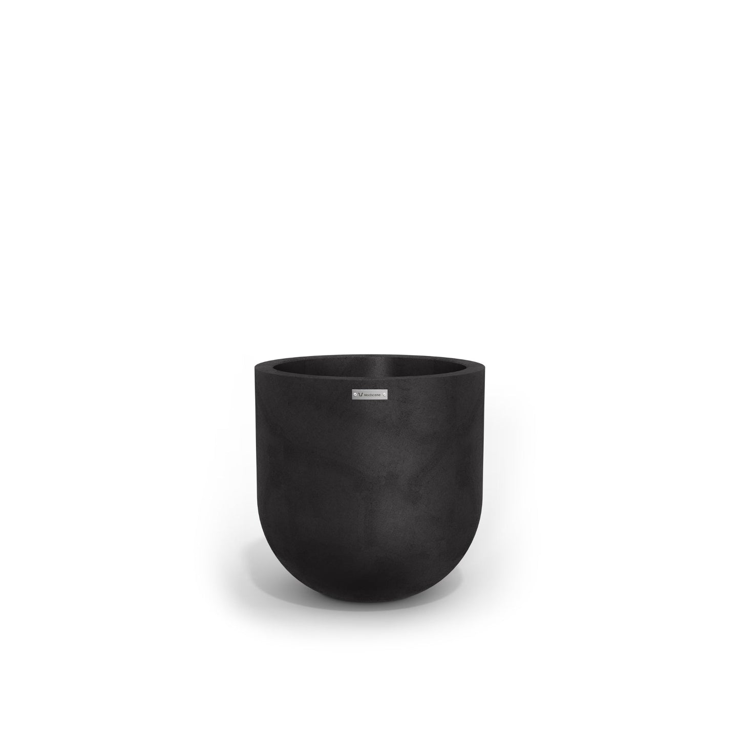 A small round planter in black made by Modscene. New Zealand made plant pots.