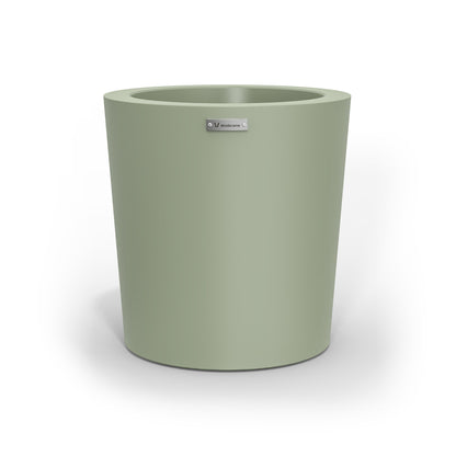 A modern designer planter pot in a moss green colour. 