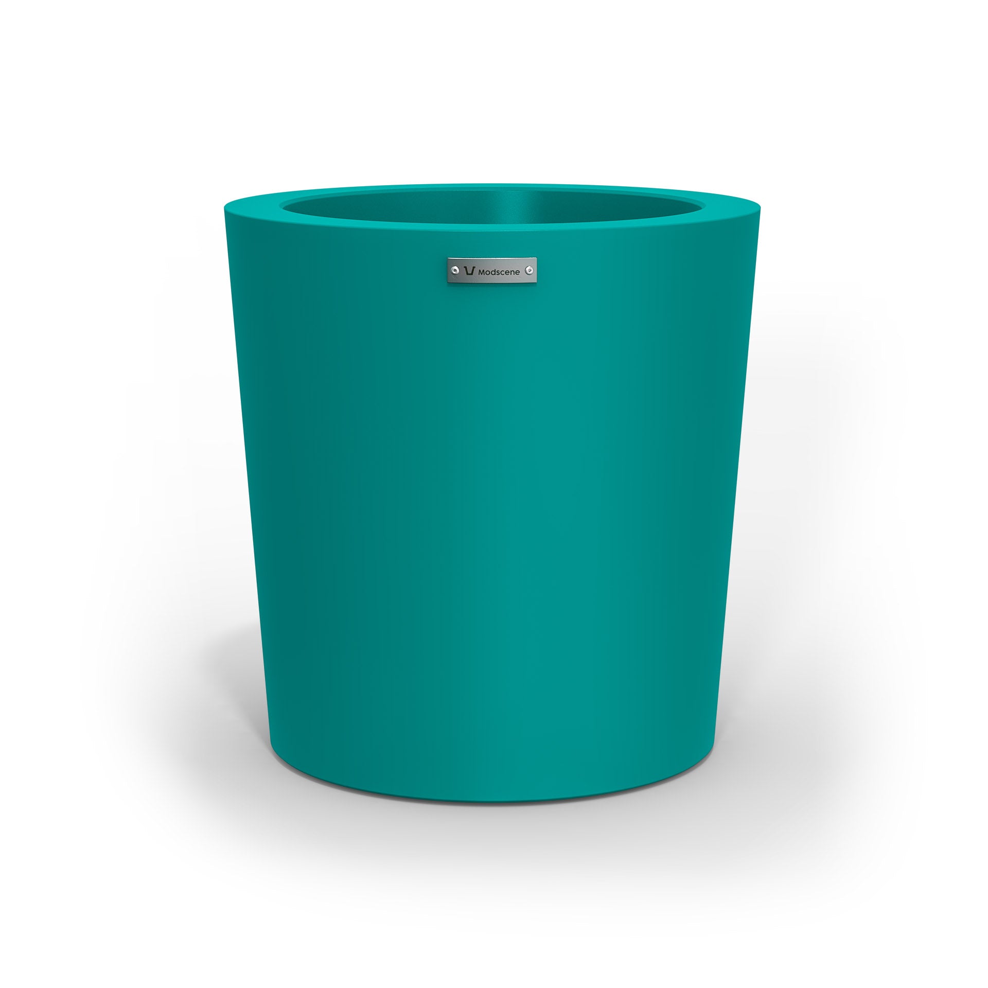 A modern designer planter pot in a teal colour. 