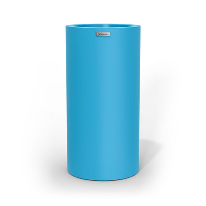 A tall cigar cylinder planter pot in blue made by Modscene.