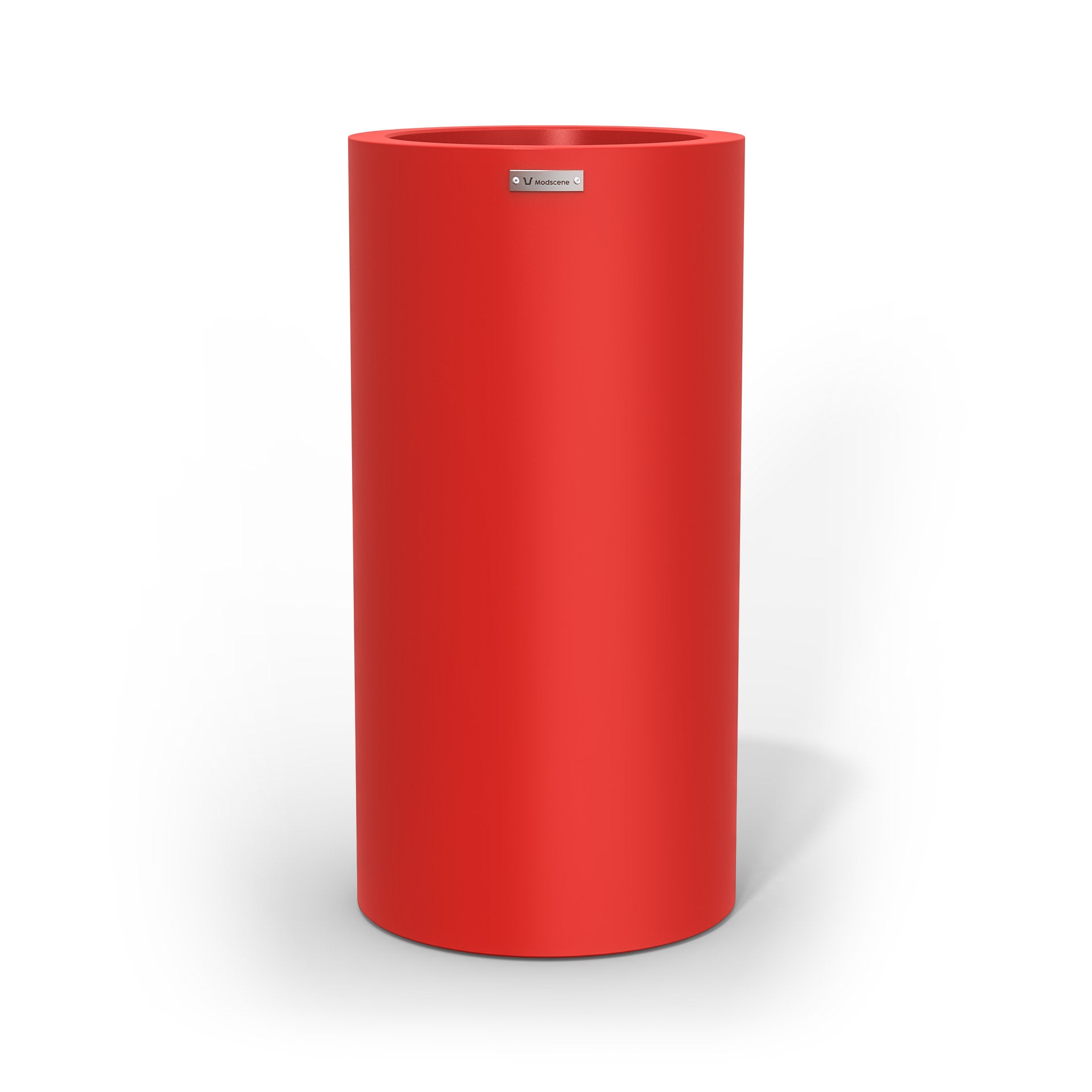A tall cylinder shaped planter pot in a red colour made by Modscene.