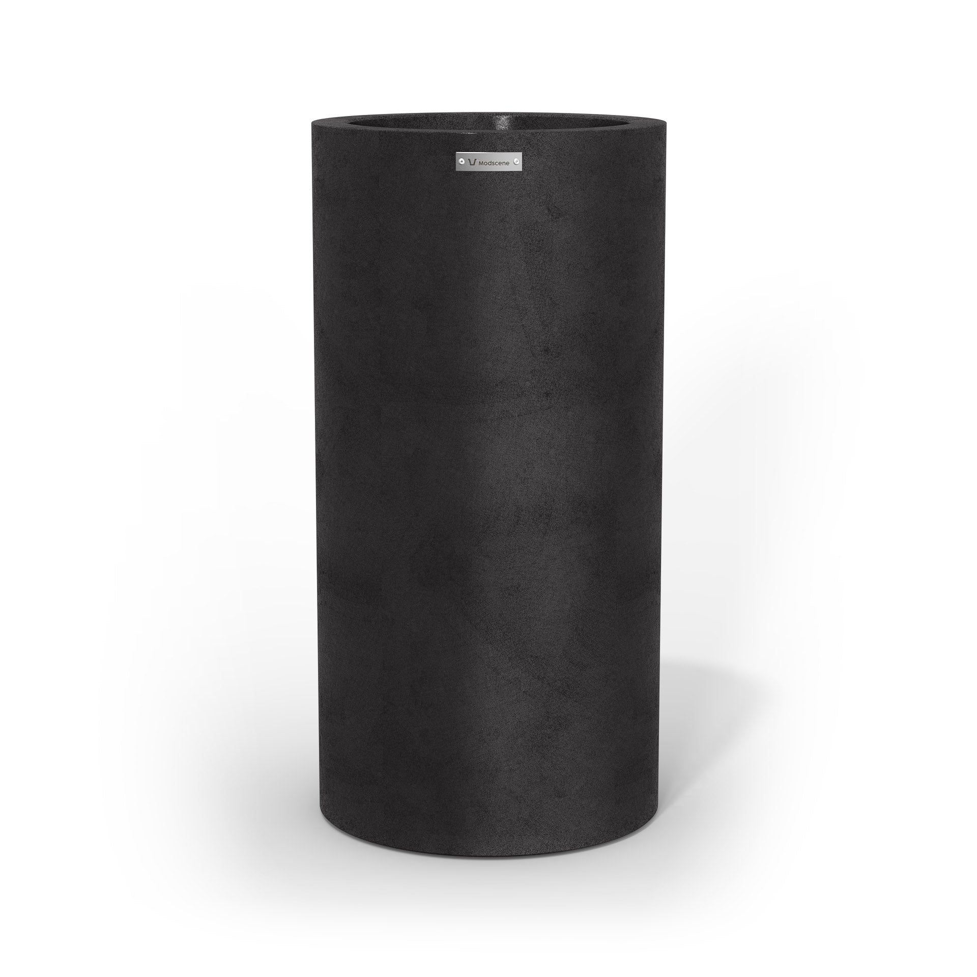 A tall cylinder shaped planter in a matte black colour. Australian planters.