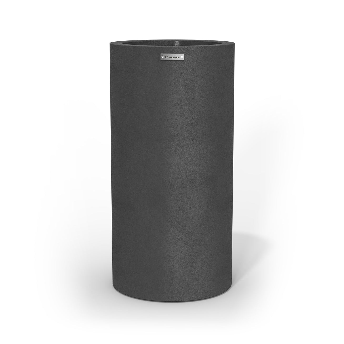 A tall cigar cylinder planter pot in a brushed grey colour made by Modscene.
