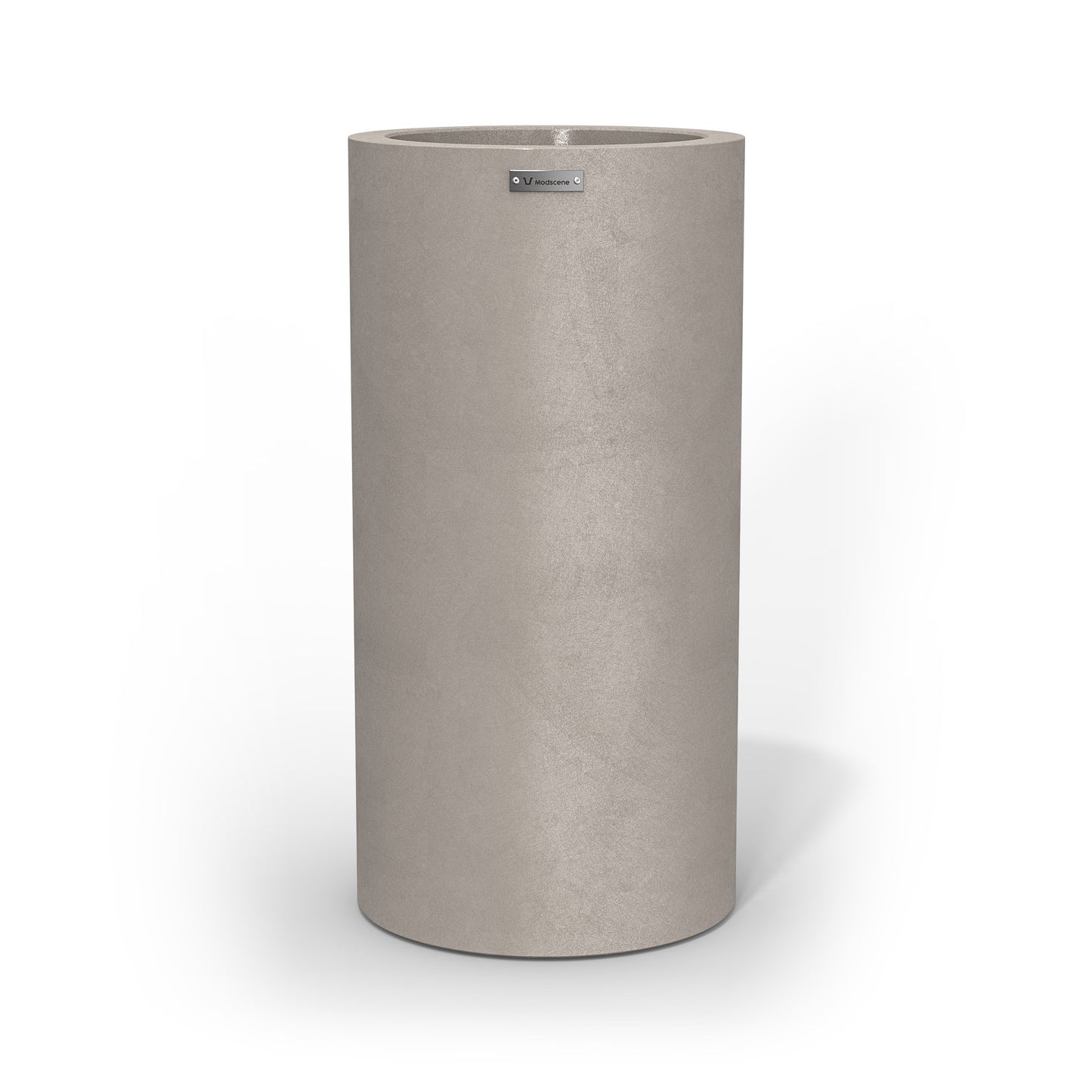 A tall cigar cylinder planter pot in a sandstone colour with a concrete look finish.