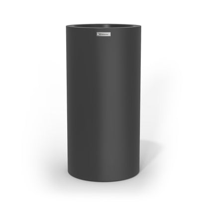 A tall cigar cylinder planter pot in a dark grey colour made by Modscene. Australian planters.