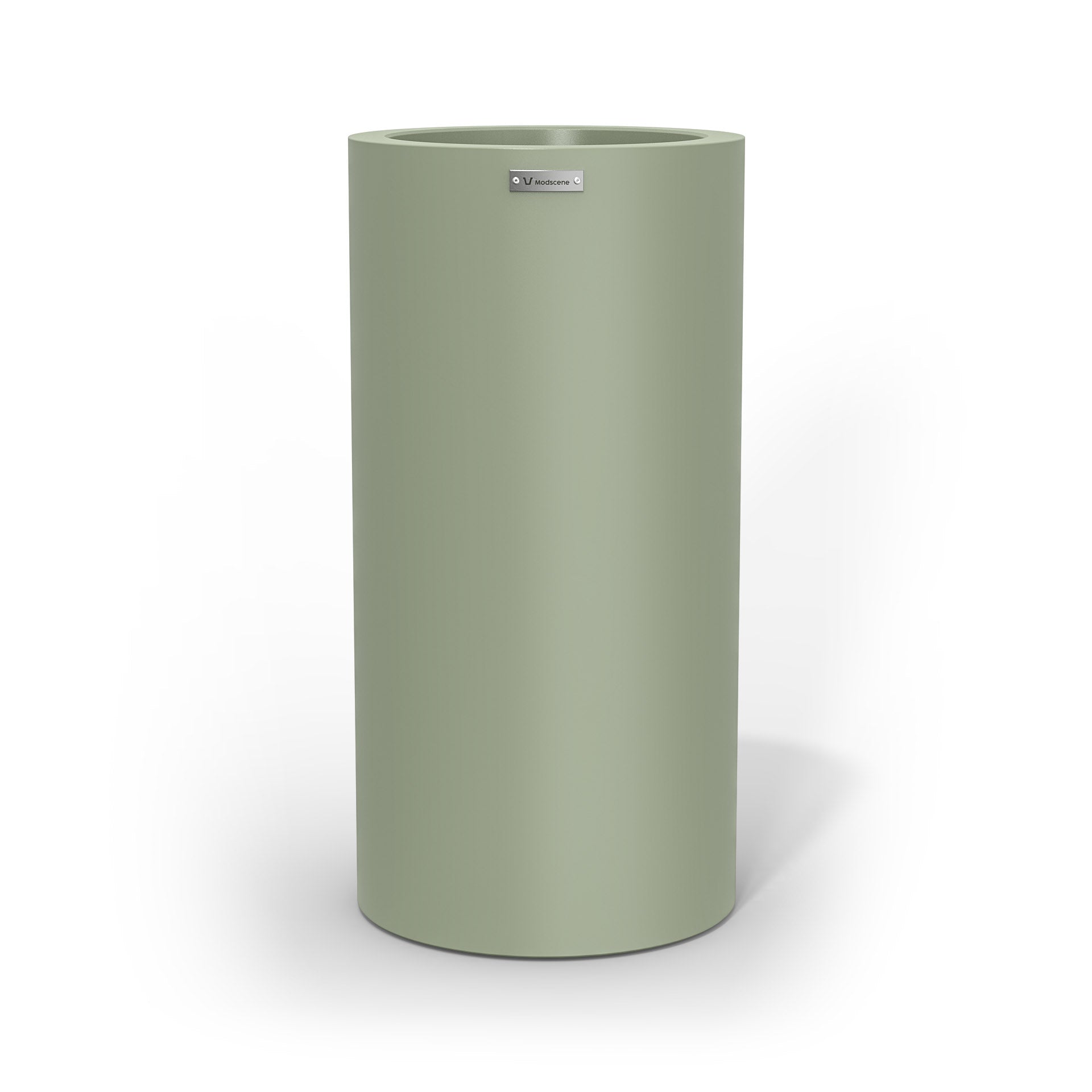 A tall cigar cylinder planter pot in a moss green colour made by Modscene.