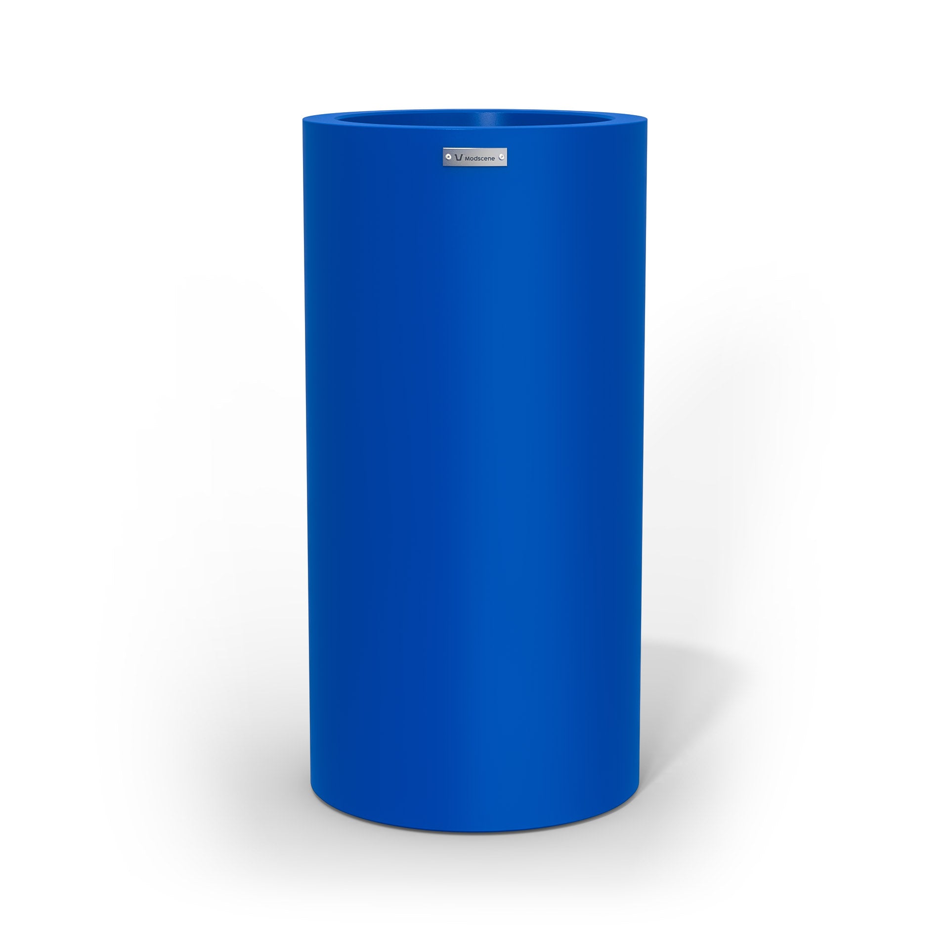 A tall cigar cylinder planter pot in a deep blue colour made by Modscene. Australian planters.