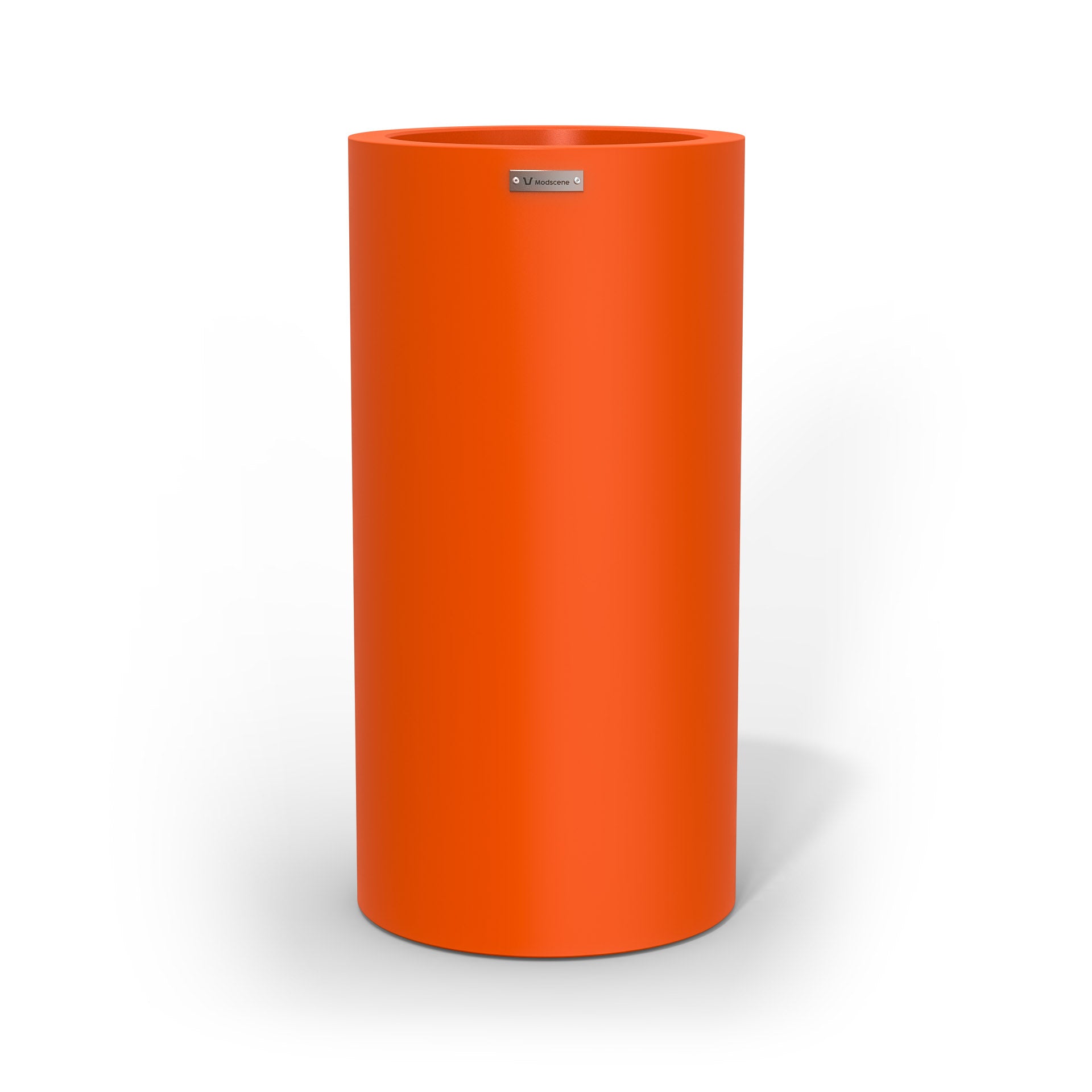 A tall cigar cylinder planter pot in orange made by Modscene.