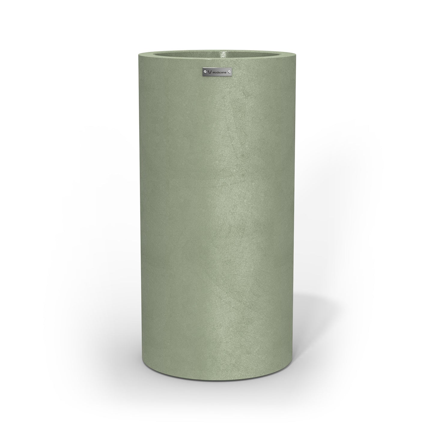 A tall cigar cylinder planter pot in a pastel green colour with a concrete look finish.