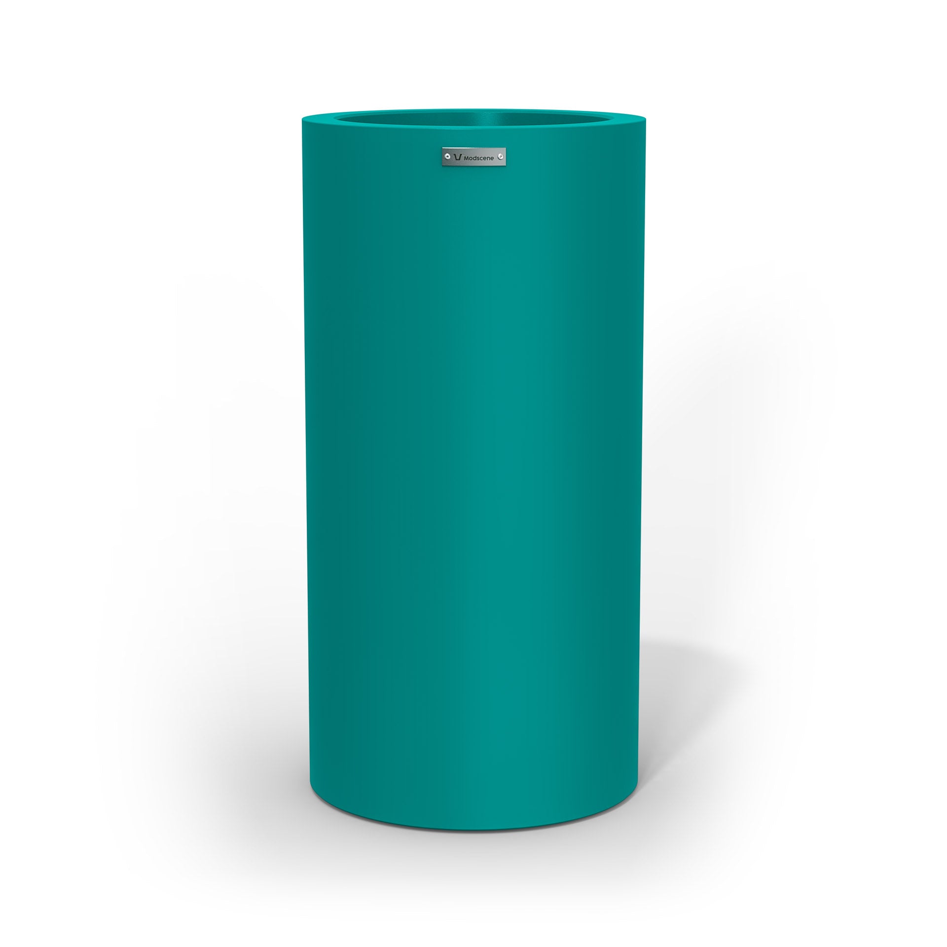 A tall cigar cylinder planter pot in a teal blue colour made by Modscene. Australian planters.