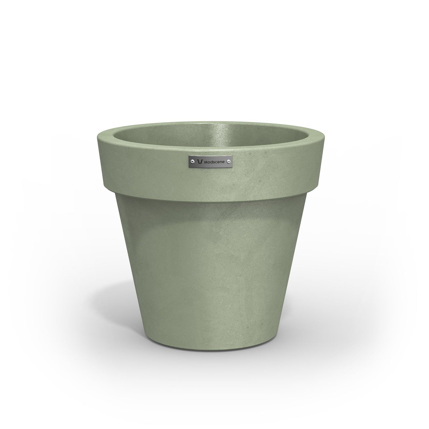 A small Modscene planter pot in a pastel green colour with a concrete look finish.