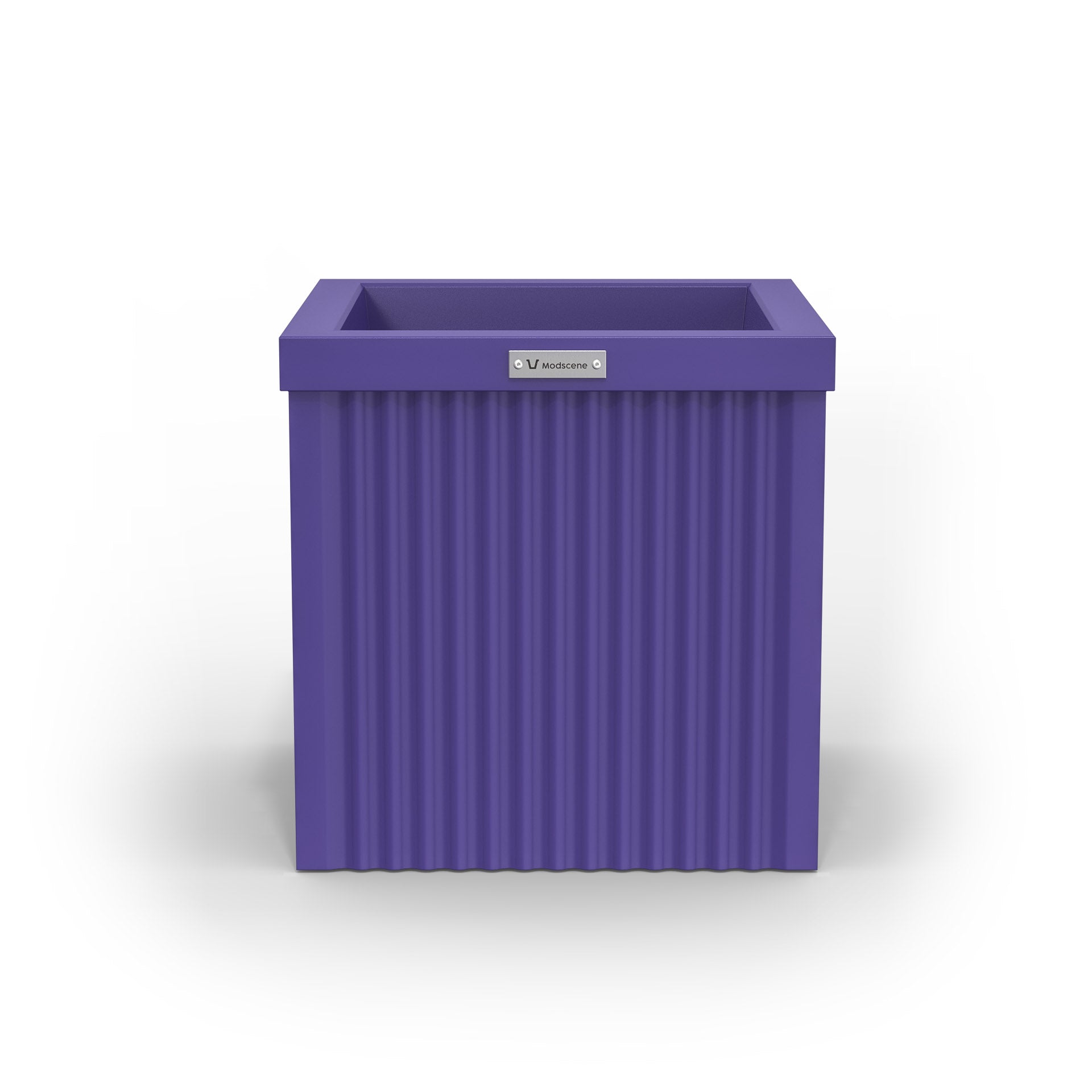 A small cube shaped planter pot in a purple colour made by Modscene.